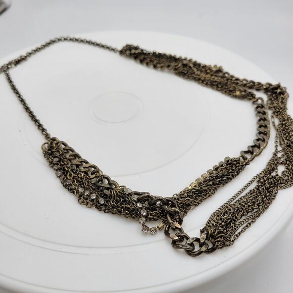 Vtg Layered Chain Necklace 28" Gold Tone Beaded Rhinestone Accent Rustic Rocker - Picture 7 of 12
